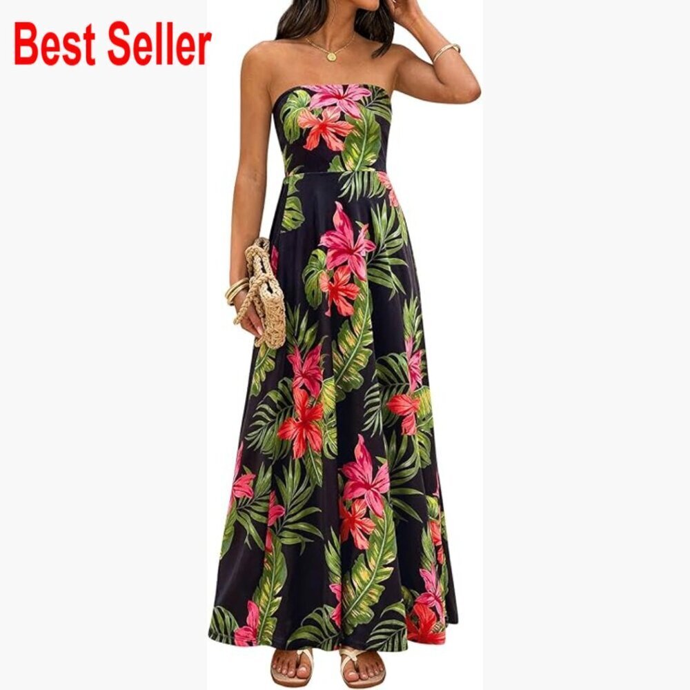 Strapless Tube Top Maxi Dress with Floral Pattern, Backless Design